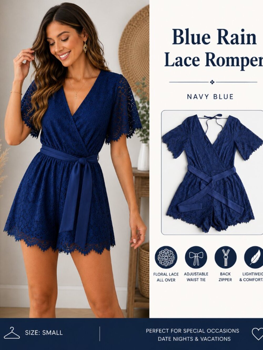 Blue Rain Navy Blue Lace Romper Wrap Front Tie Waist Flutter Sleeve Size Small - Picture 1 of 16